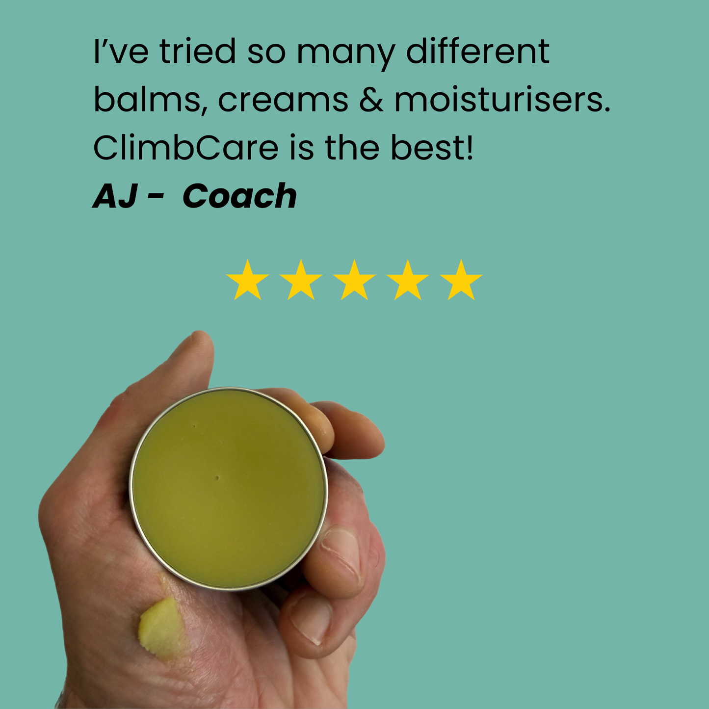 Hand holding a ClimbCare tallow balm with a five-star rating and review text