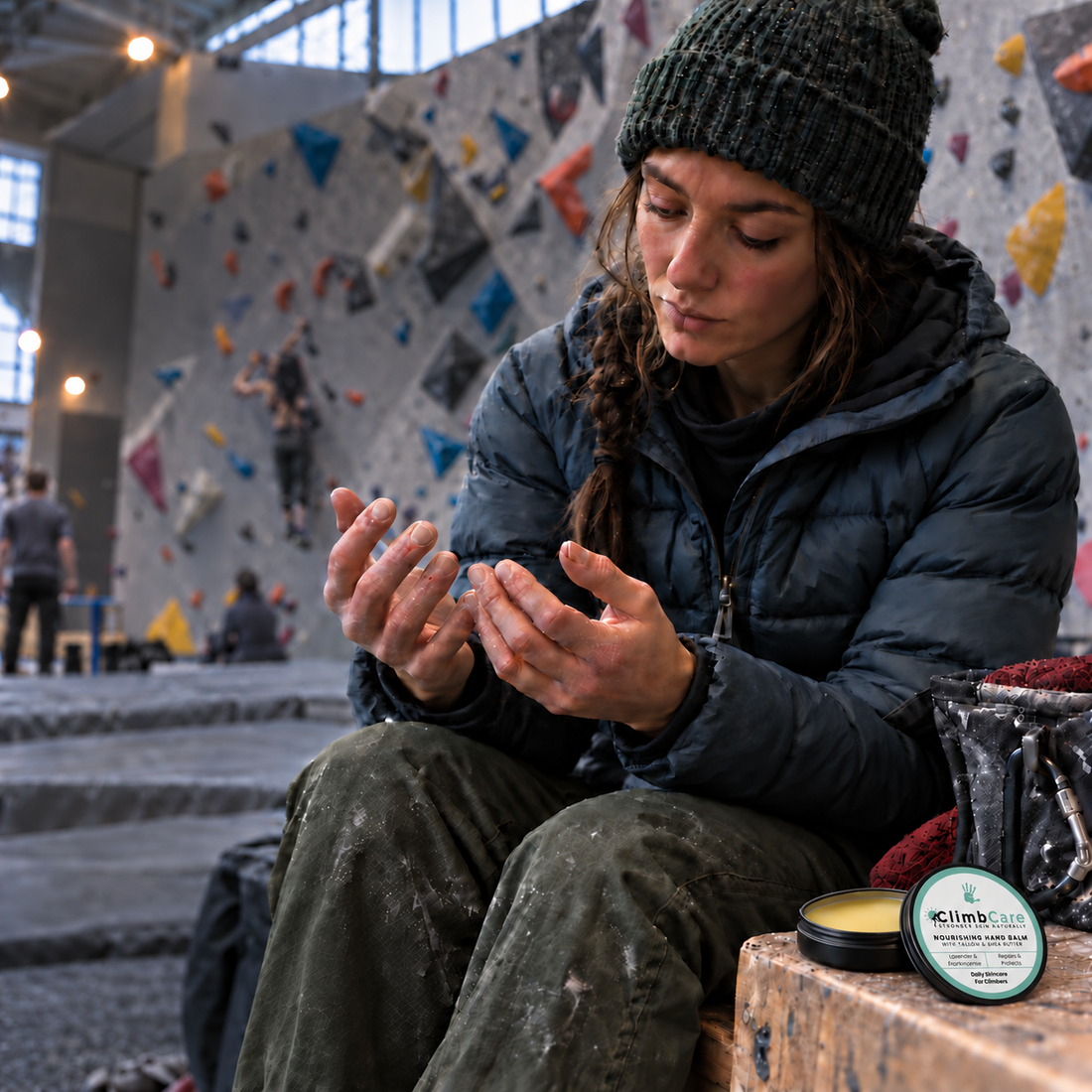 Image of a woman looking at her hands in a climbing gym. She has a pot of ClimbCare next to her