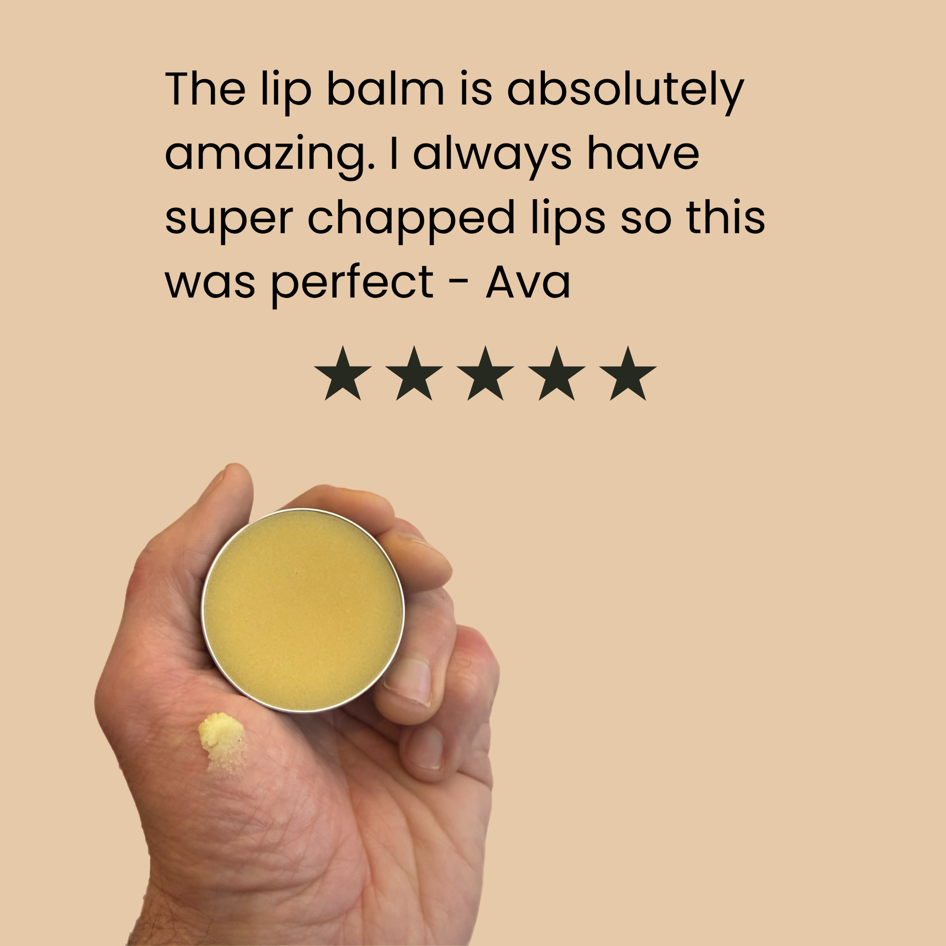 Hand holding a small container of lip balm with a five-star rating and customer review on a beige background