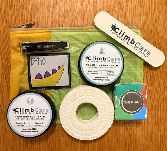 Climbcare products including hand balm, foot balm, chalk block , skin file, nail clippers, climbers pouch